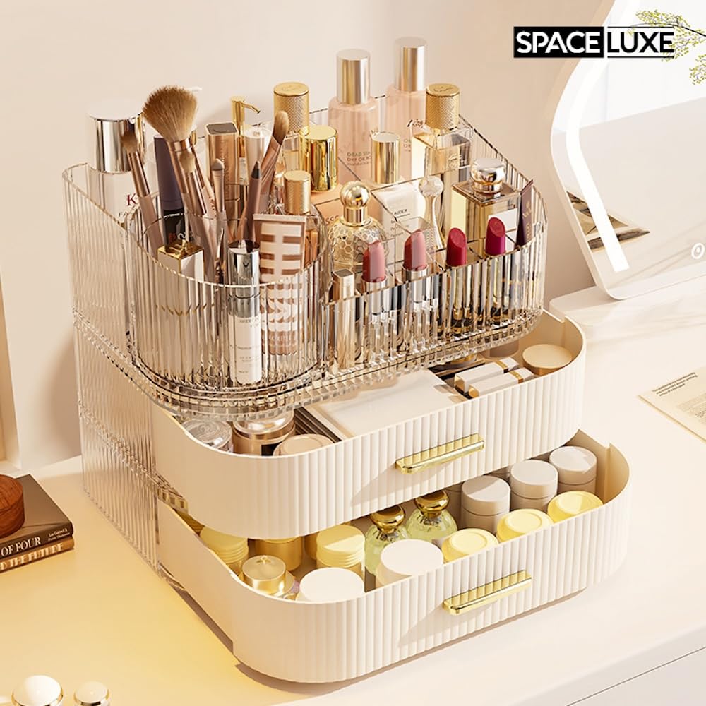 Large Makeup Organizer with Drawers, 360° Rotating Brush Holder Cream White 3-layer