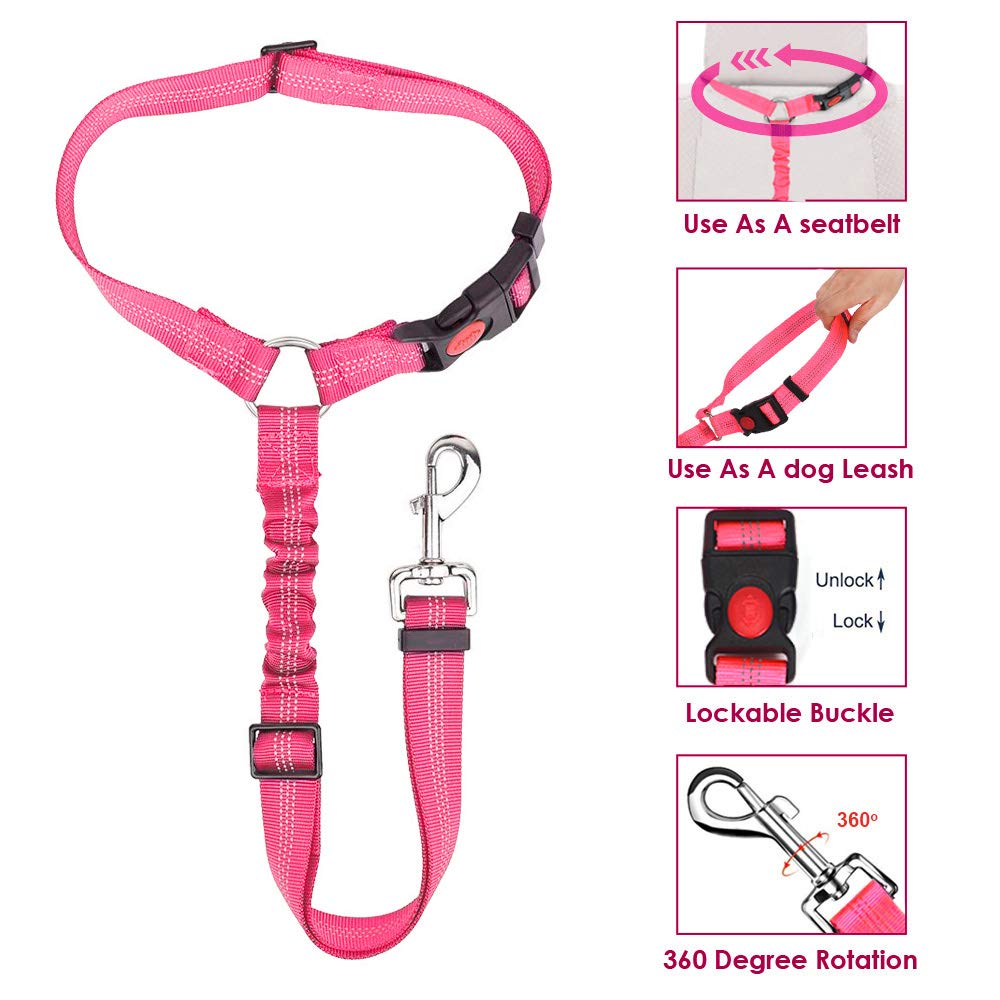 Lukovee Dog Car Seat Belt, 2 Pack, Headrest Restraint, Headrest A.Fluorescent Pink Headrest, 2 Pcs