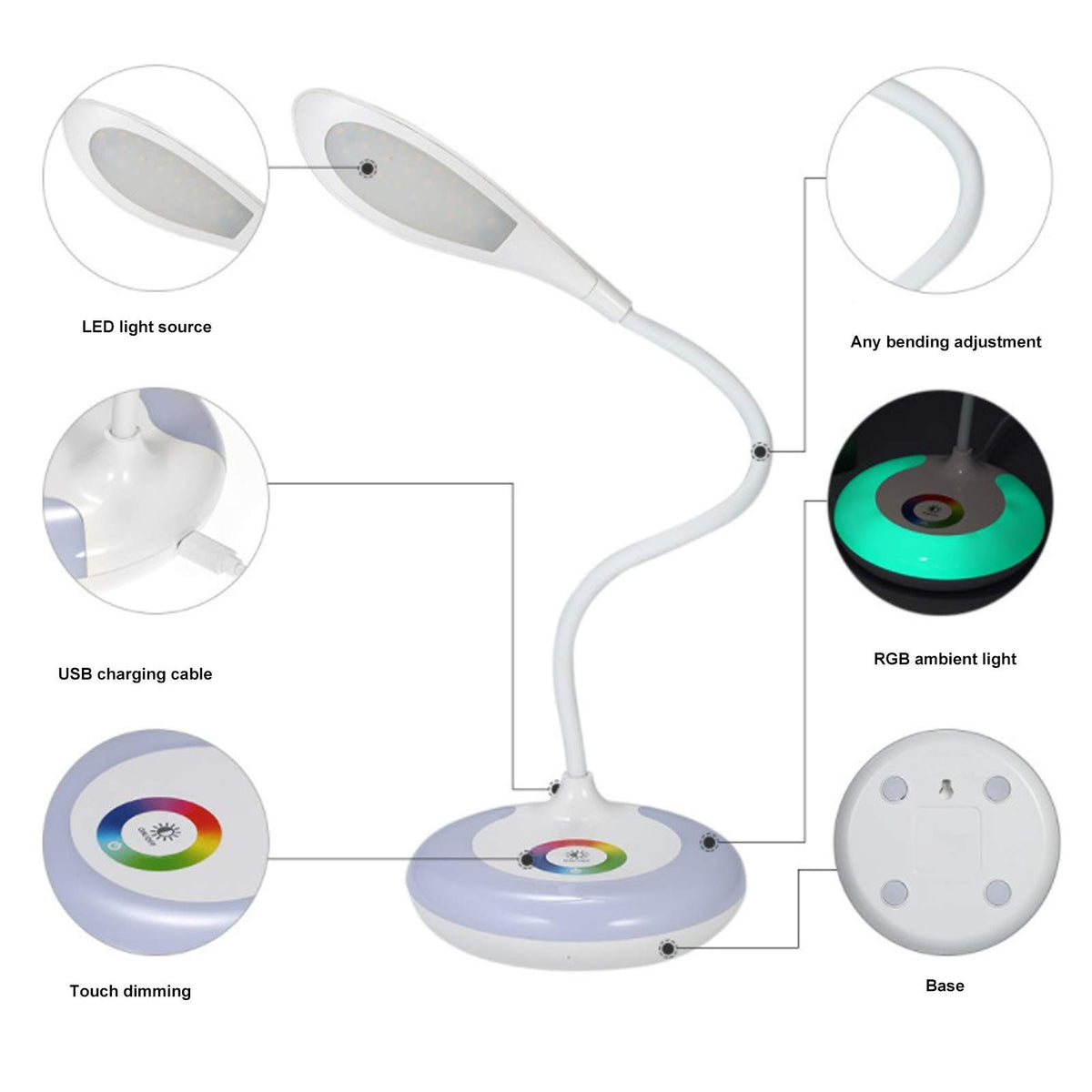 LED Desk Lamp, Night Light Battery Operated Table Light Dimmable Eye Caring Reading Desk Light RGB Dimmable Office Lamp Desktop Supplies