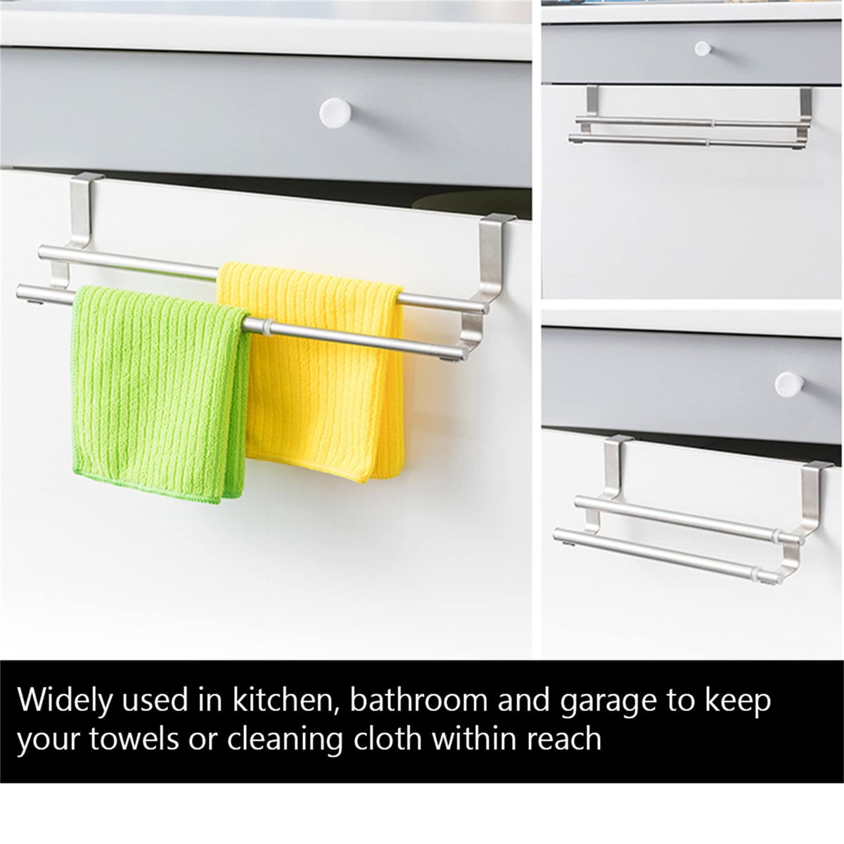 Adjustable Double Layer Stainless Steel Telescopic Towel Rack Fits Over Doors and Cabinets, Optimal for Bathroom, Kitchen, and Garage Organization