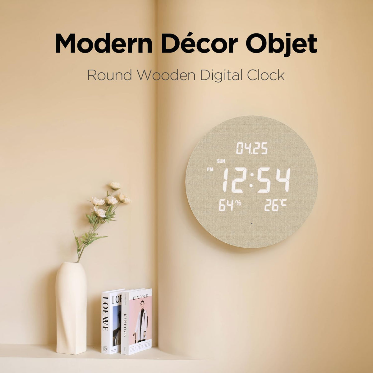 mooas Wood Moon Cordless Mini Digital LED Wall Clock, Date, Temperature Wood Moon (Cordless Mini)