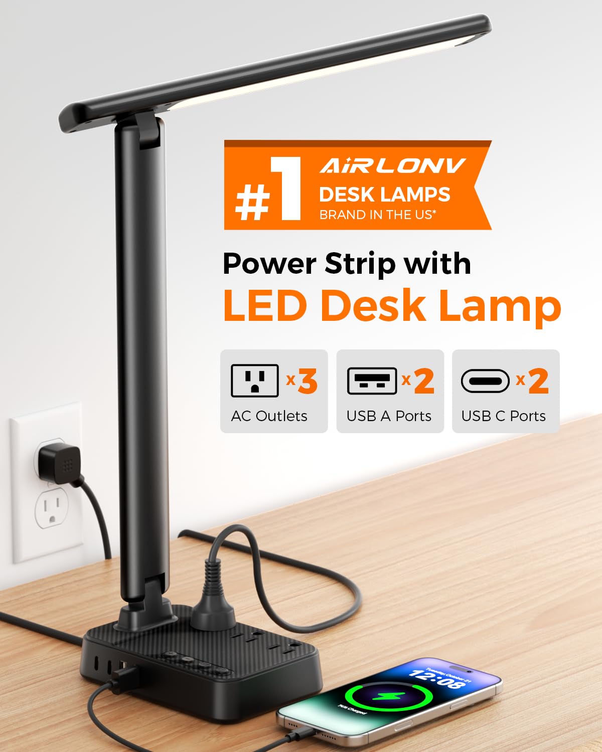 Airlonv LED Desk Lamp with Clamp, 17" Stepless Dimming Light, Black Standard