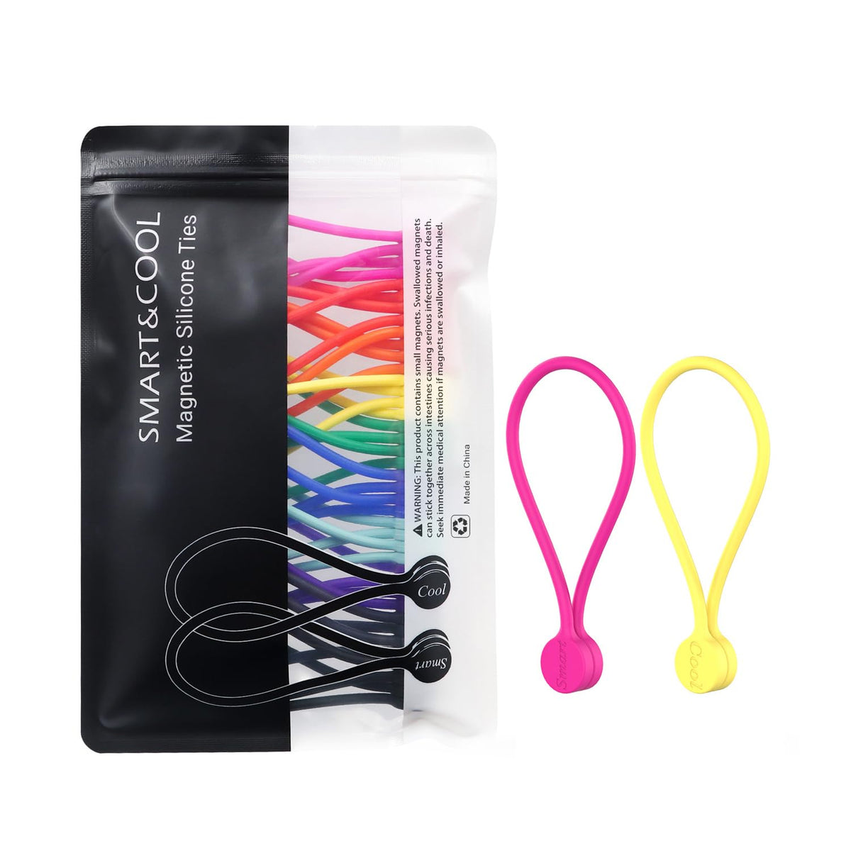 SMART&COOL Reusable Silicone Magnetic Cable Ties, Multicolored, 20-Pack