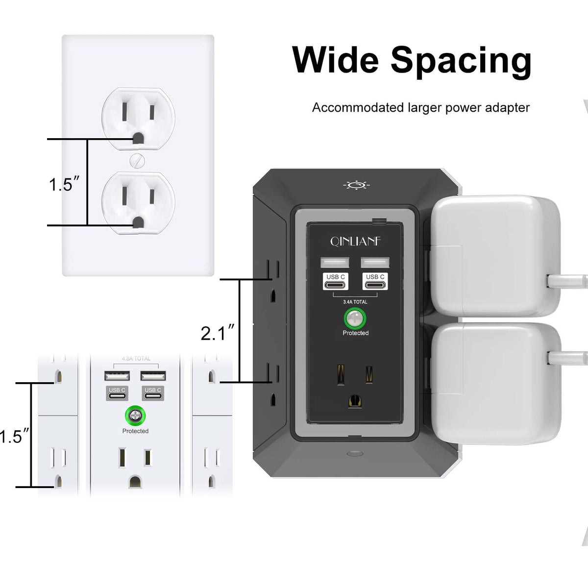Wall Charger, Surge Protector, QINLIANF 5 Outlet Extender with 4 USB Ports Black 3U1C