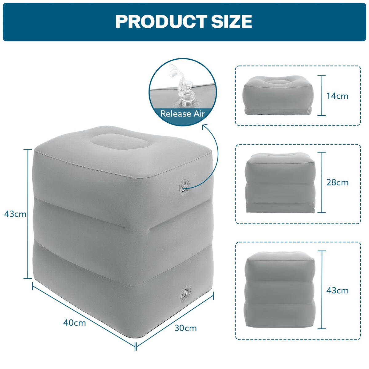 Inflatable Travel Foot Rest Pillow, Adjustable 3 Layers Height Leg Rest Pillow, Crushion Essentials for Airplane,Train, Cars, Office and Home (Gray)