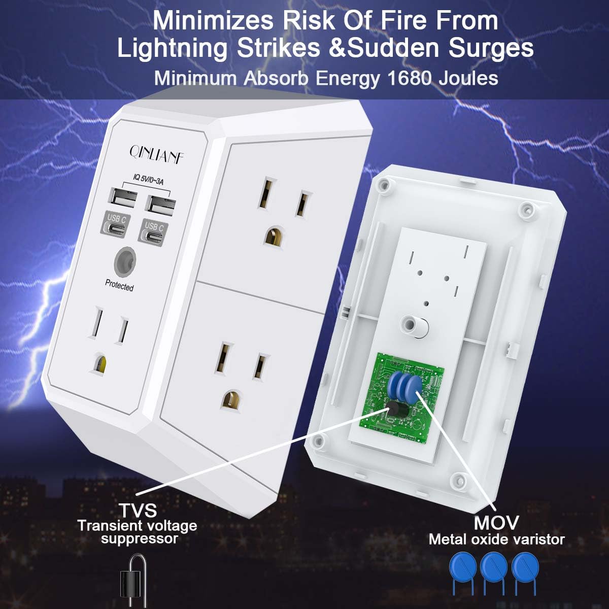 Wall Charger, Surge Protector, QINLIANF 5 Outlet Extender with 4 USB Ports Black 3U1C