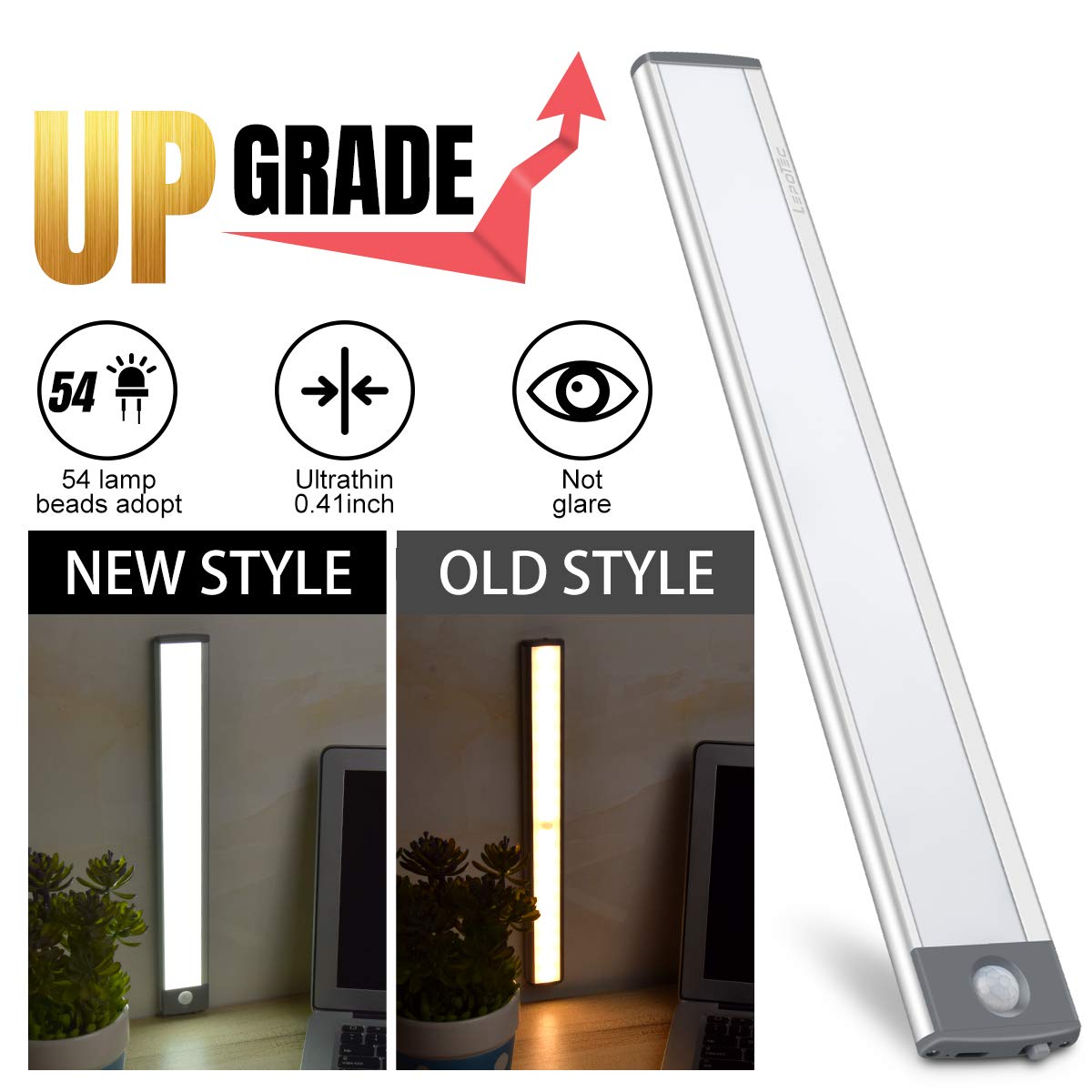 LED Motion Sensor Light,Under Counter Lighting, Wireless USB Rechargeable Kitchen Night Lights,Battery Powered Operated Light,54-LED Light for Wardrobe,Closets,Cabinet,Cupboard, 2 Count (Pack of 1) Silver-white Light 54 LED