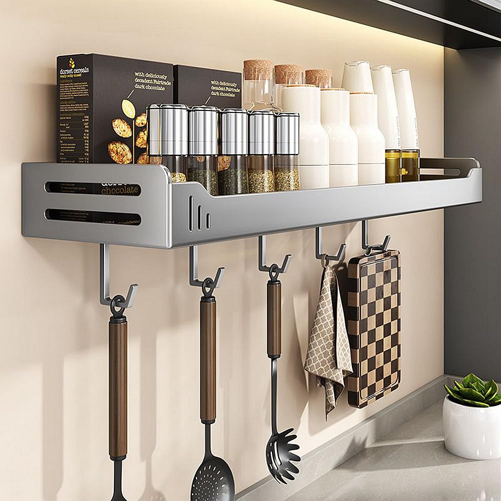 carbon steel Kitchen utensils wall mounted seasoning rack, kitchen supplies oil, salt, soy sauce, vinegar spices condiments storage shelf with hooks