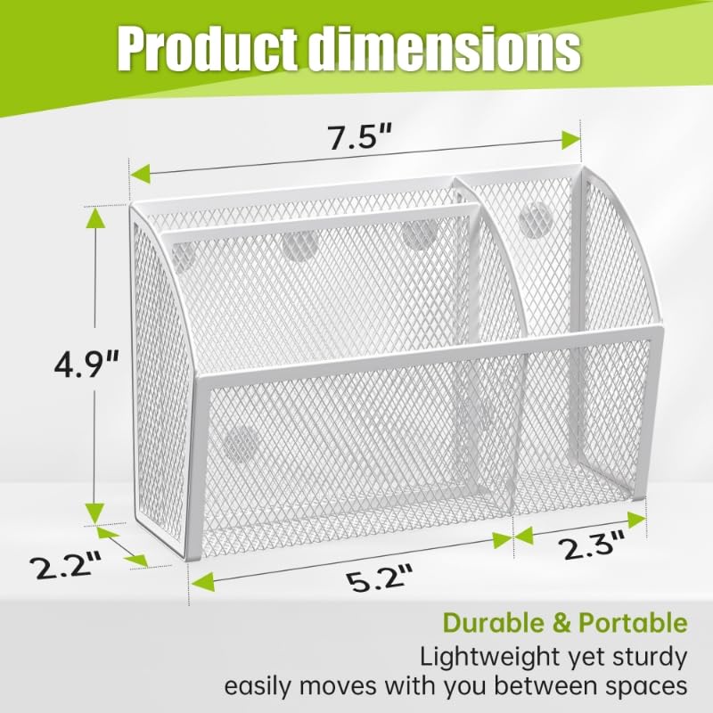 YINGHUA 3 Compartment Magnetic Metal Mesh Pen Holder, White Desk Caddy