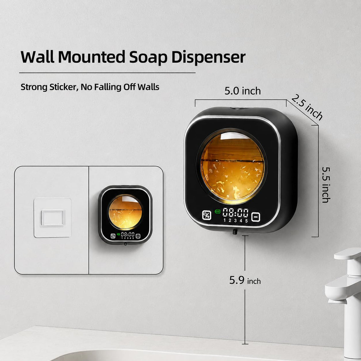 Automatic Soap Dispenser Touchless, Wall Mount, Rechargeable, Mood Lighting Black