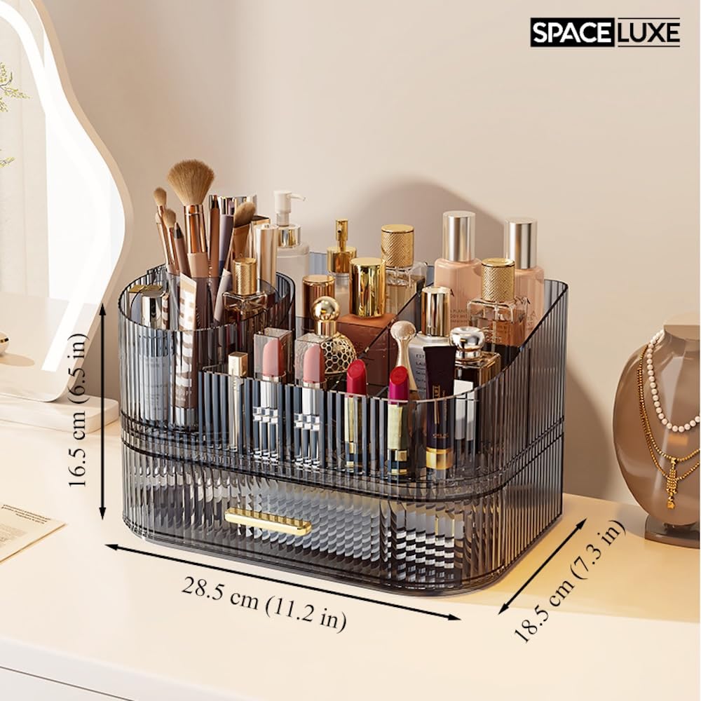 Large Makeup Organizer with Drawers, 360° Rotating Brush Holder Cream White 3-layer