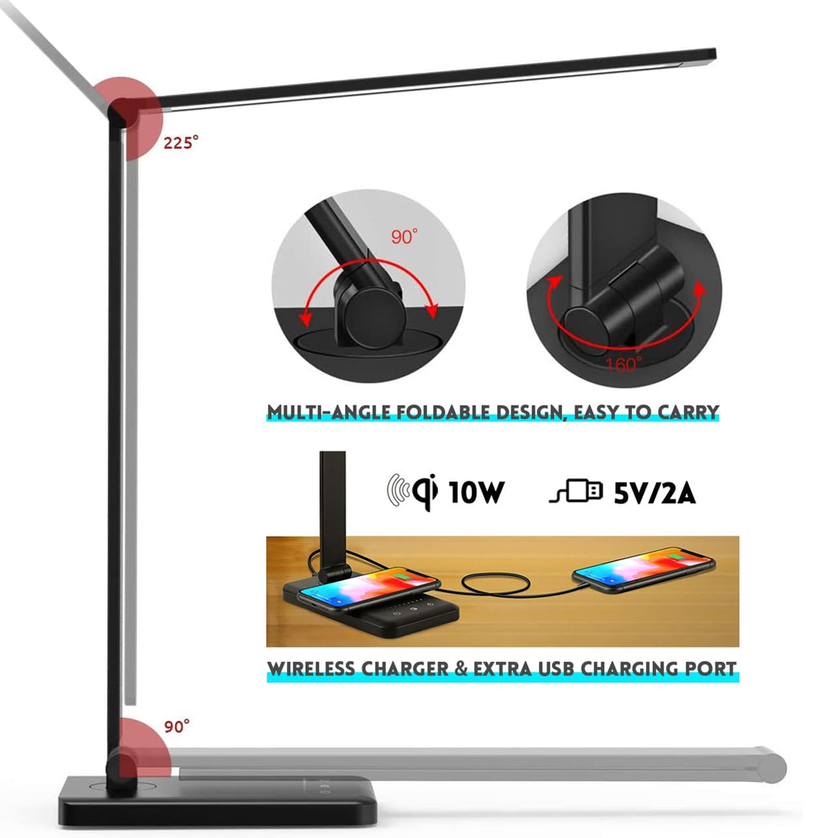 LED Desk Lamp with Wireless Charger, USB Charging Port, Eye Care Black PRO