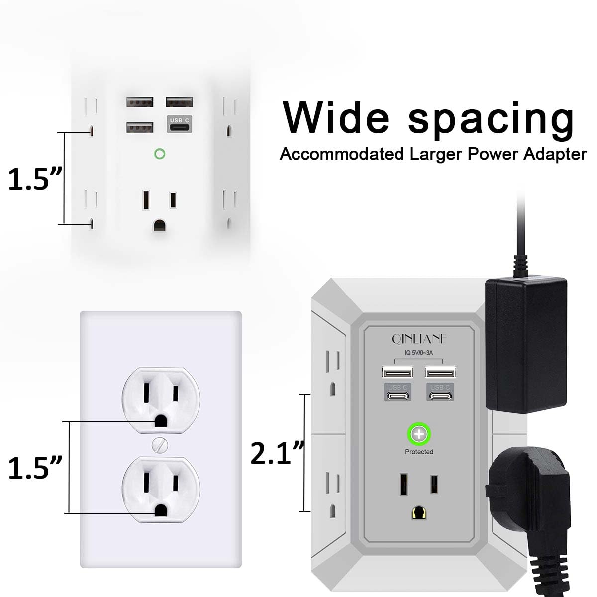 Wall Charger, Surge Protector, QINLIANF 5 Outlet Extender with 4 USB Ports Black 3U1C