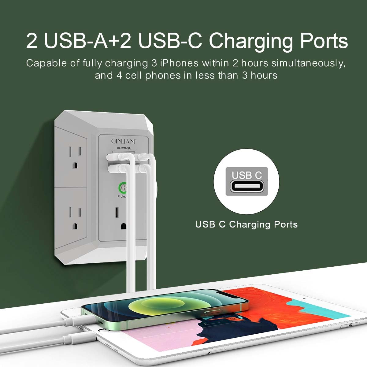 Wall Charger, Surge Protector, QINLIANF 5 Outlet Extender with 4 USB Ports Black 3U1C