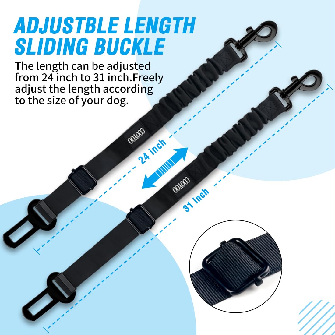 COOYOO Dog Seat Belt,3 Piece Set Retractable Dog Car Harness Adjustable for Vehicle Nylon Pet Safety Heavy Duty & Elastic Set 03-Black+Blue