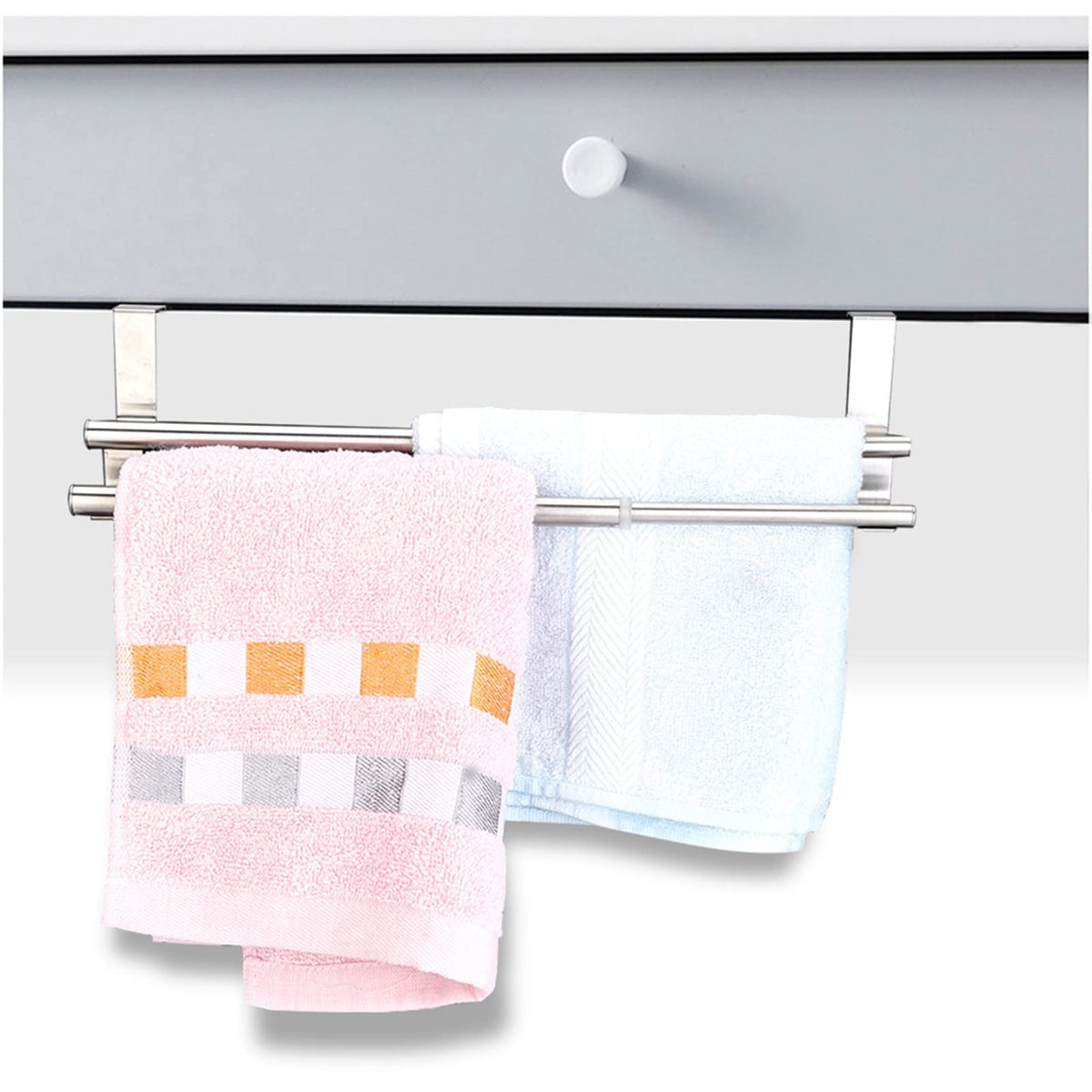 Adjustable Double Layer Stainless Steel Telescopic Towel Rack Fits Over Doors and Cabinets, Optimal for Bathroom, Kitchen, and Garage Organization