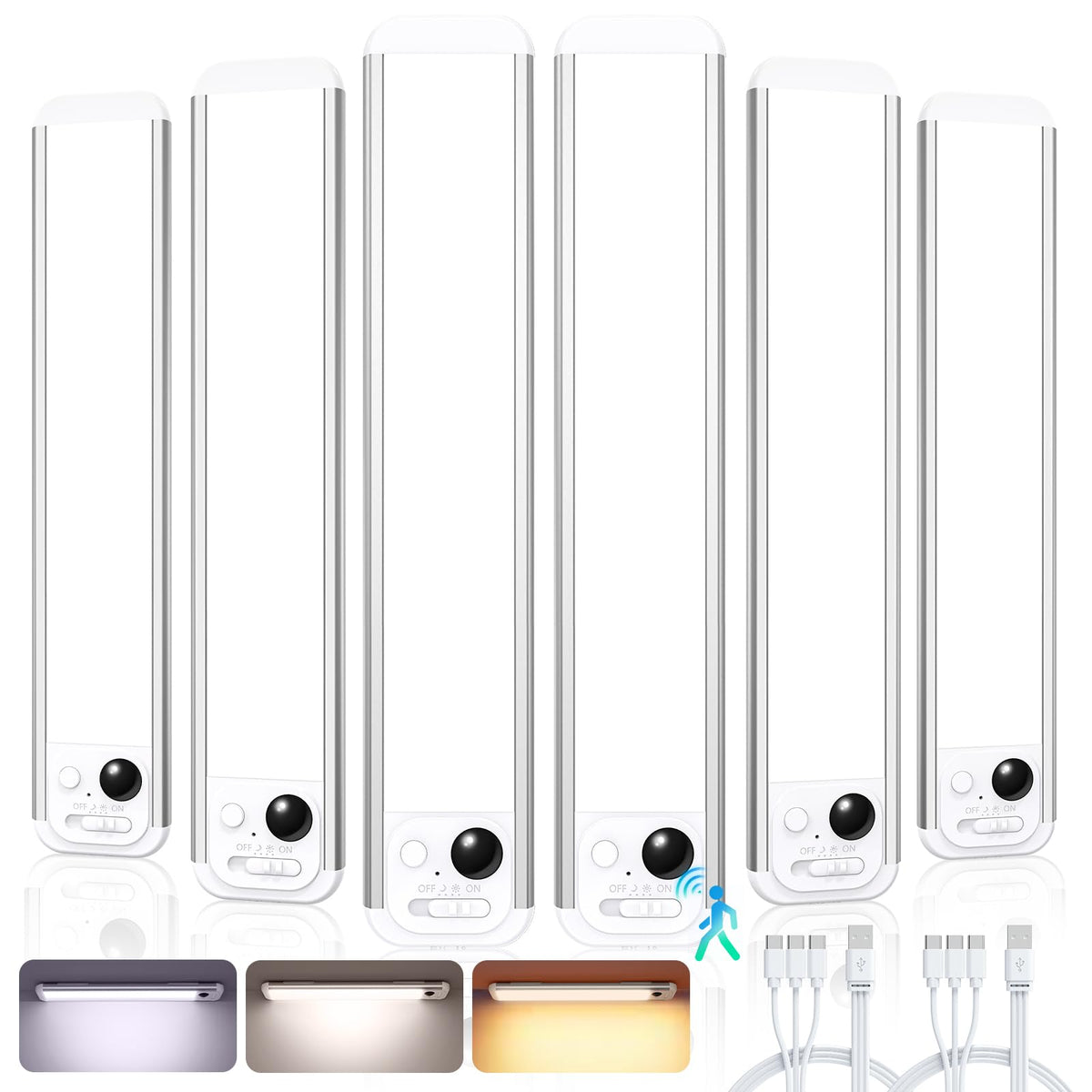 RUIKORING 8.5" Under Cabinet Lighting 6 Pack, 3 Colors Closet Lights Silver