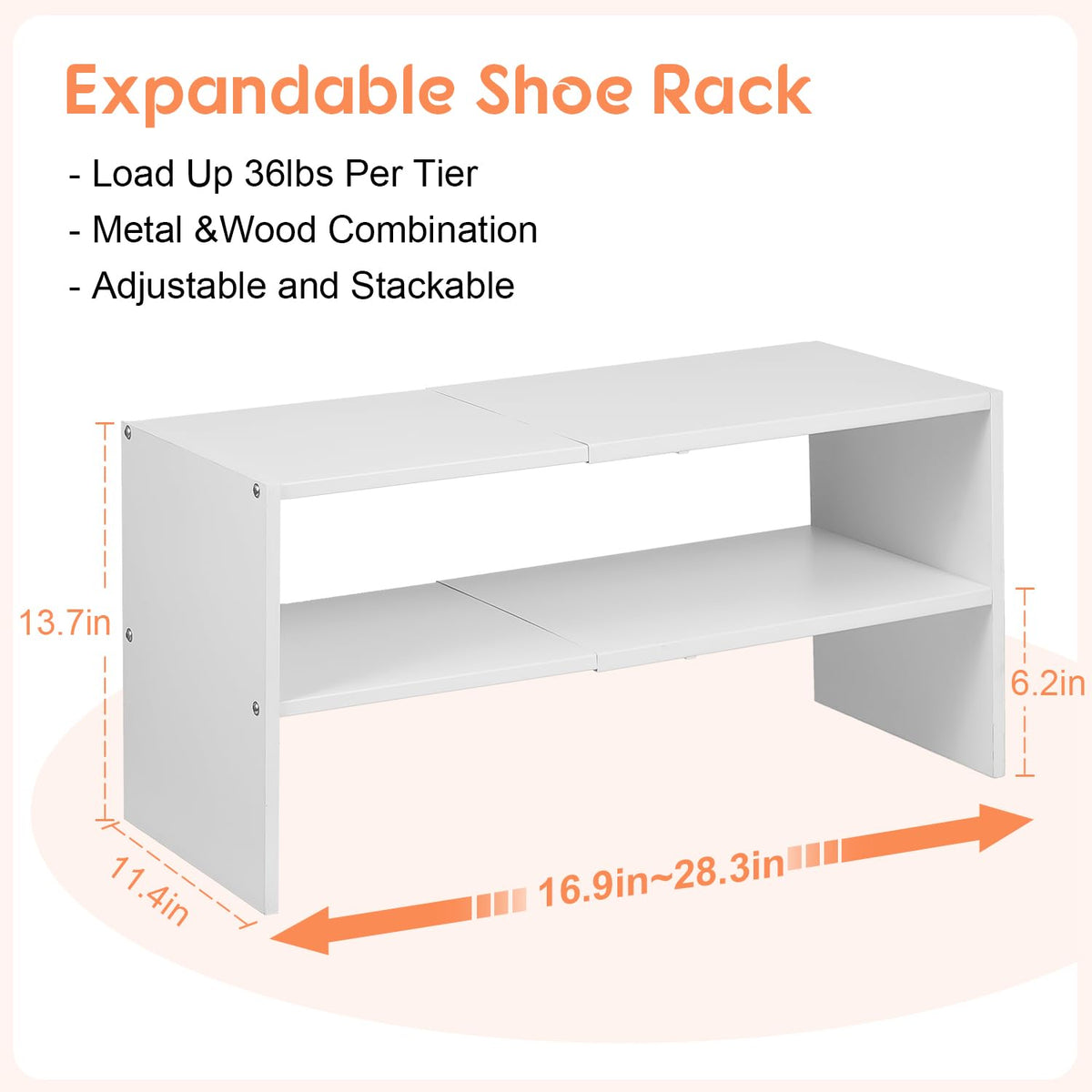 3-Tier Expandable White Shoe Rack Organizer for Closet, Stackable Shoe Racks Storage Shelf, Small Metal Wood Combination Shoe Shelves for Closets,Entryway,Front Door, Narrow Space,Hallway,8-16 Pairs 1 PACK(3-Tier）