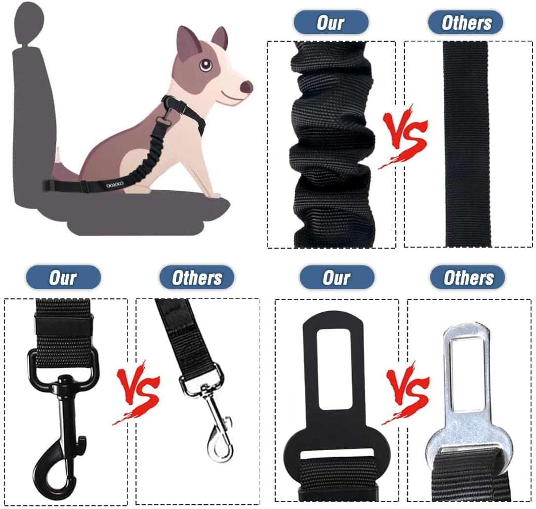 COOYOO Dog Seat Belt,3 Piece Set Retractable Dog Car Harness Adjustable for Vehicle Nylon Pet Safety Heavy Duty & Elastic Set 03-Black+Blue