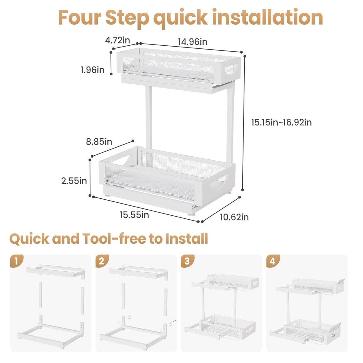 Under Sink Organizer for Kitchen and Bathroom Cabinets Pull Out Storage White 2 Pack 2Tier