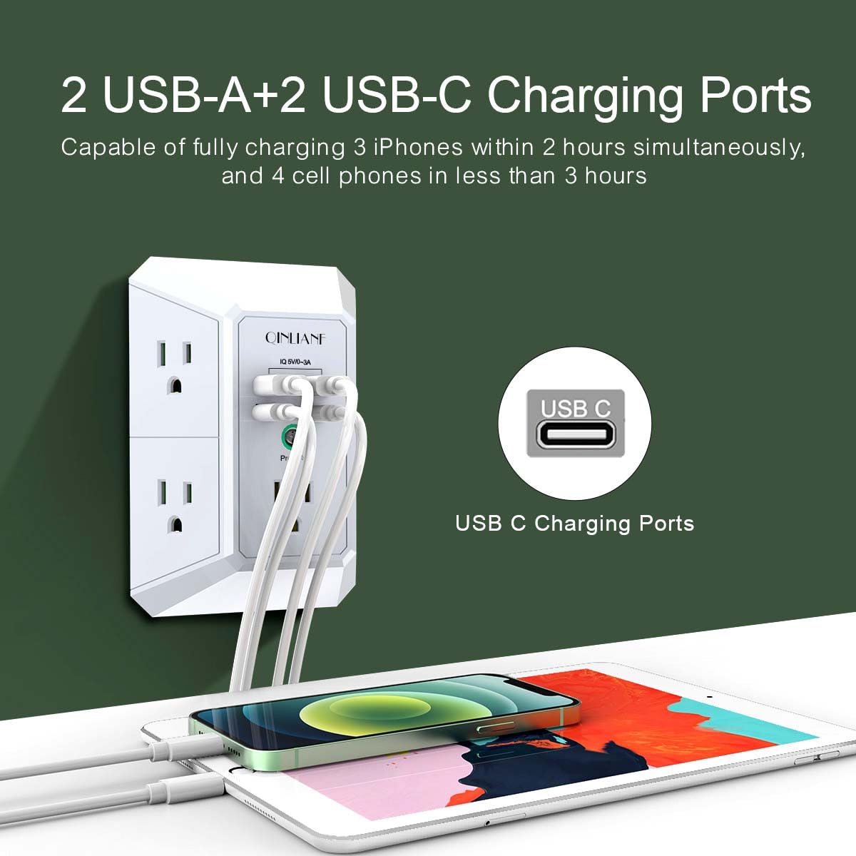 Wall Charger, Surge Protector, QINLIANF 5 Outlet Extender with 4 USB Ports Black 3U1C