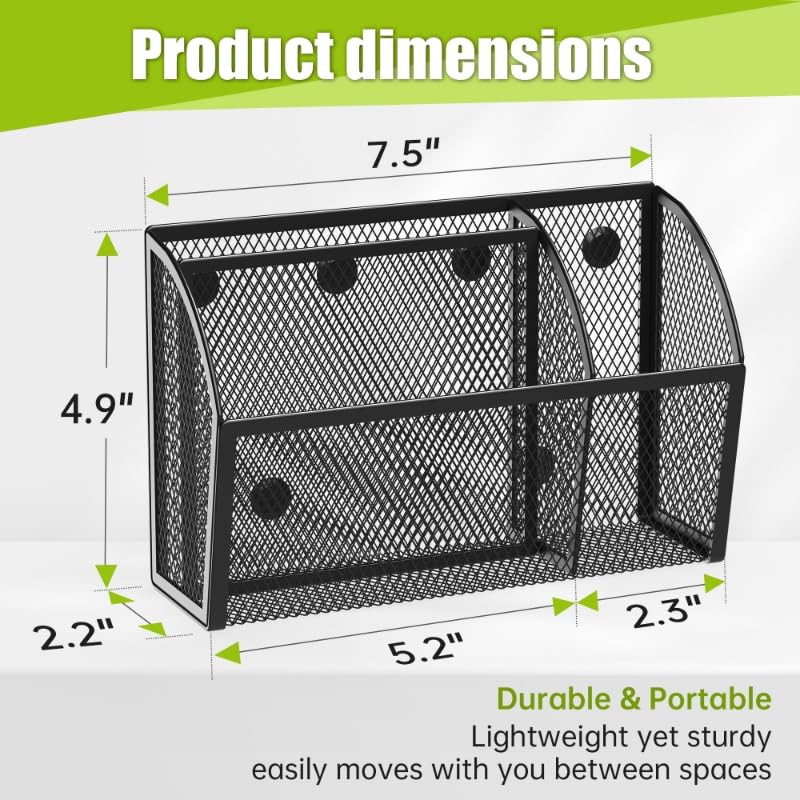YINGHUA 3 Compartment Magnetic Metal Mesh Pen Holder, White Desk Caddy