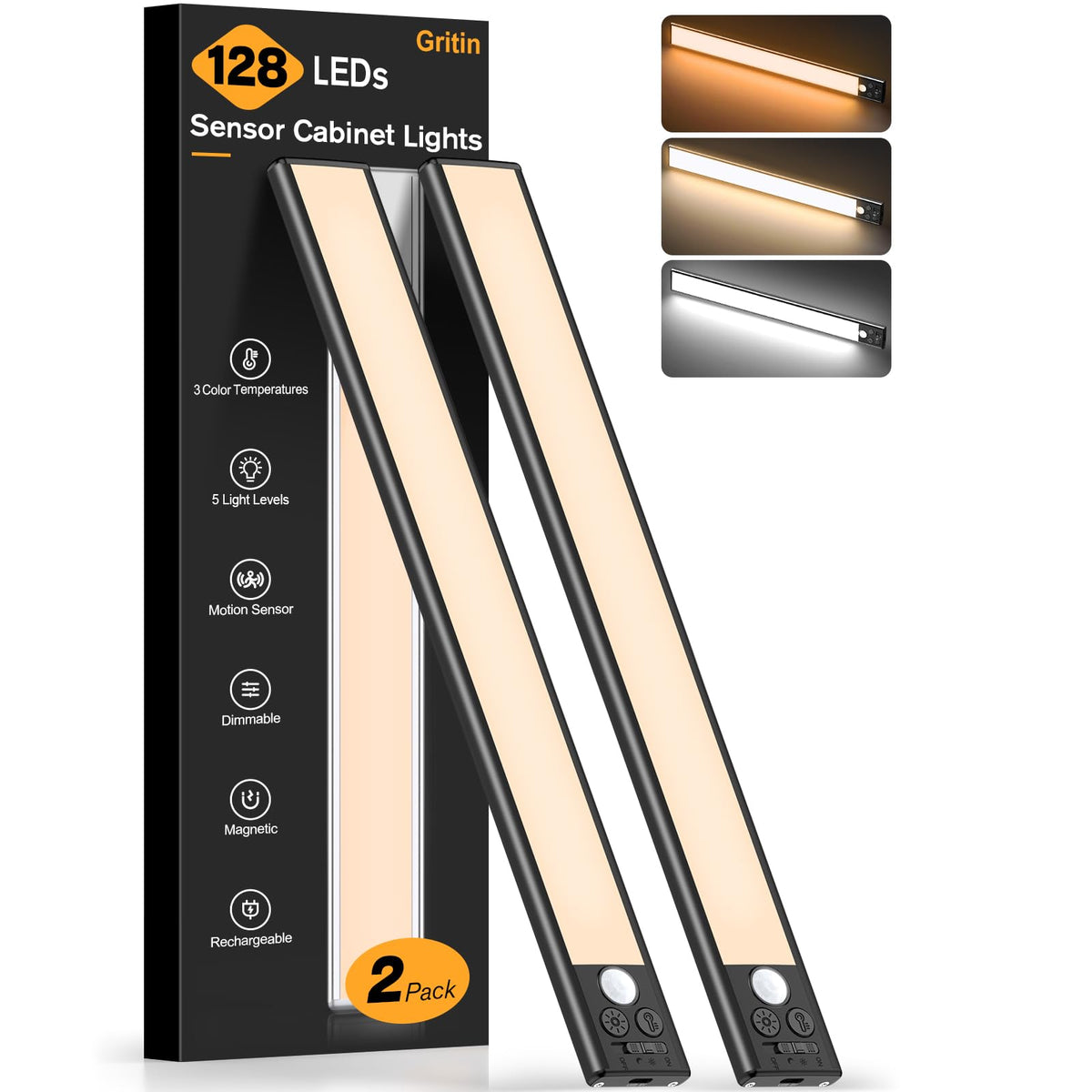 Gritin 14.7inch Under Cabinet Lighting Rechargeable 2 Pack Black 14.7 inch