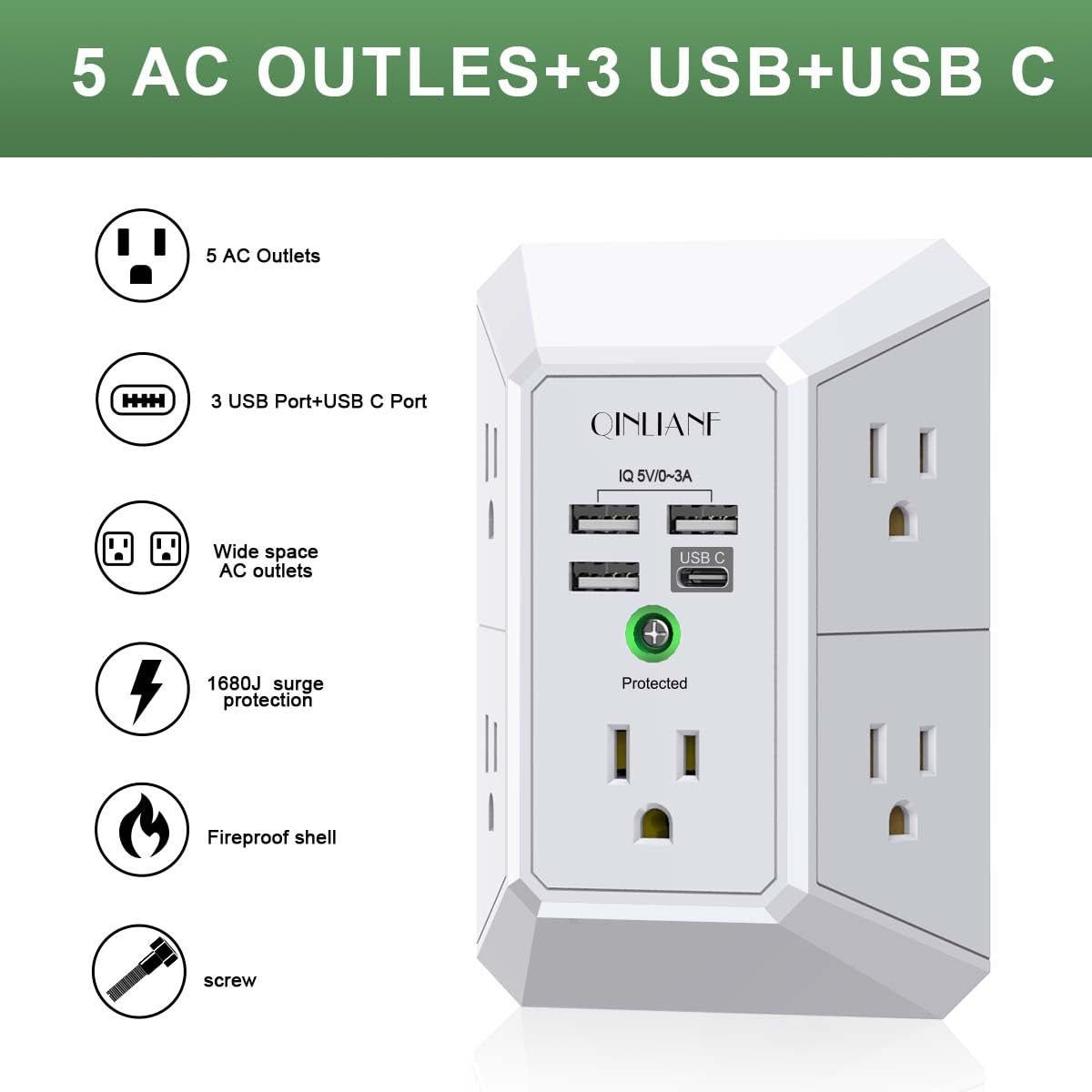 Wall Charger, Surge Protector, QINLIANF 5 Outlet Extender with 4 USB Ports Black 3U1C