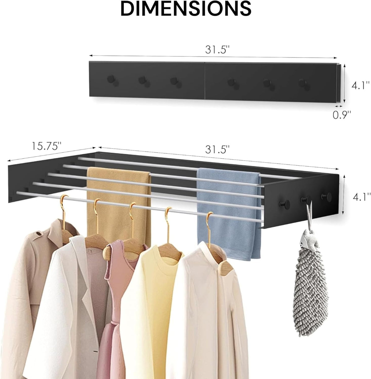 Wall Mounted Clothes Drying Rack - 31.5" Foldable Clothes Drying Rack Wall Mount, 5 Steel Rods With Knobs, Retractable Space-Saving Laundry Rack, Heavy Duty 60 lbs Capacity (Wall Template Included)