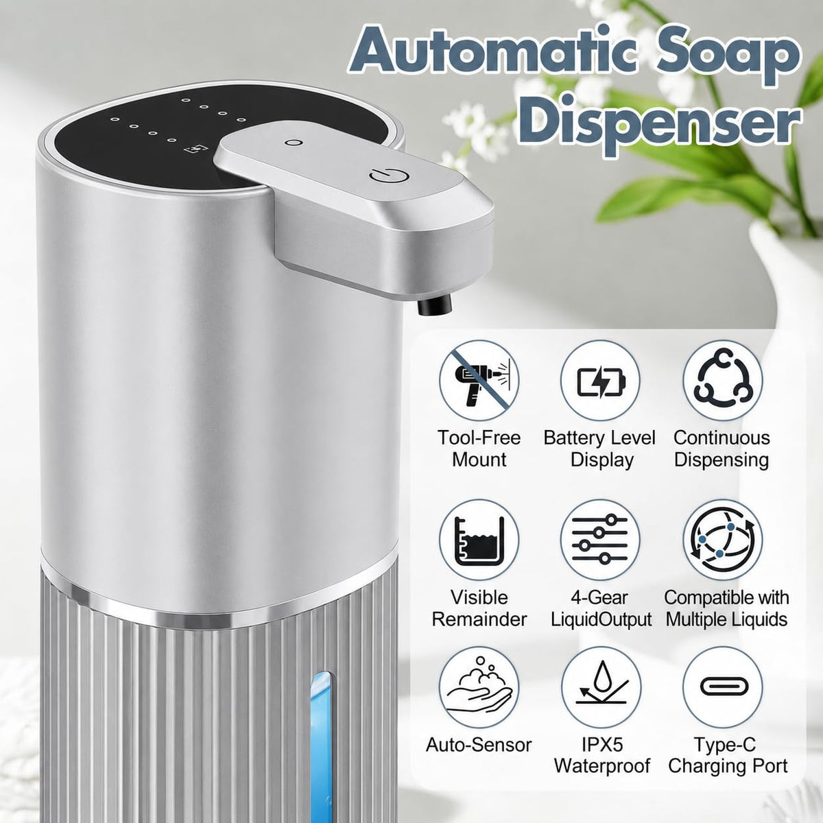 Automatic Soap Dispenser, Foaming Soap Dispenser Touchless with Continuous Dispensing, 4-Level Adjustable, Rechargeable Hand Soap Dispensers, Wall Mounted or Countertop for Bathroom & Kitchen Gold