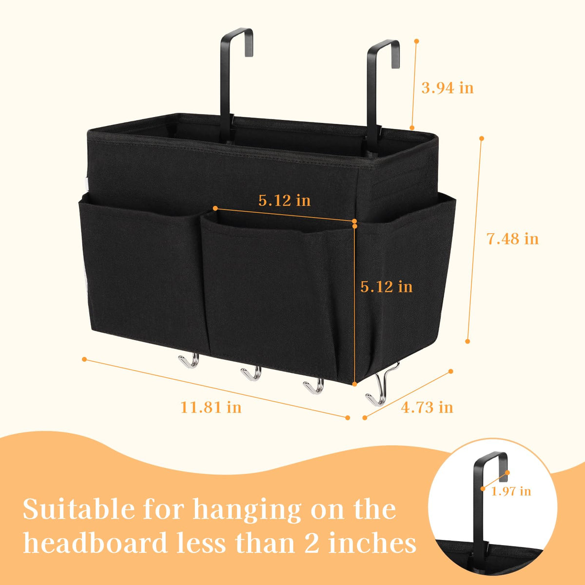 Bedside Caddy Organizer 5 Pockets and 4 Hooks for Bunk Bed Black