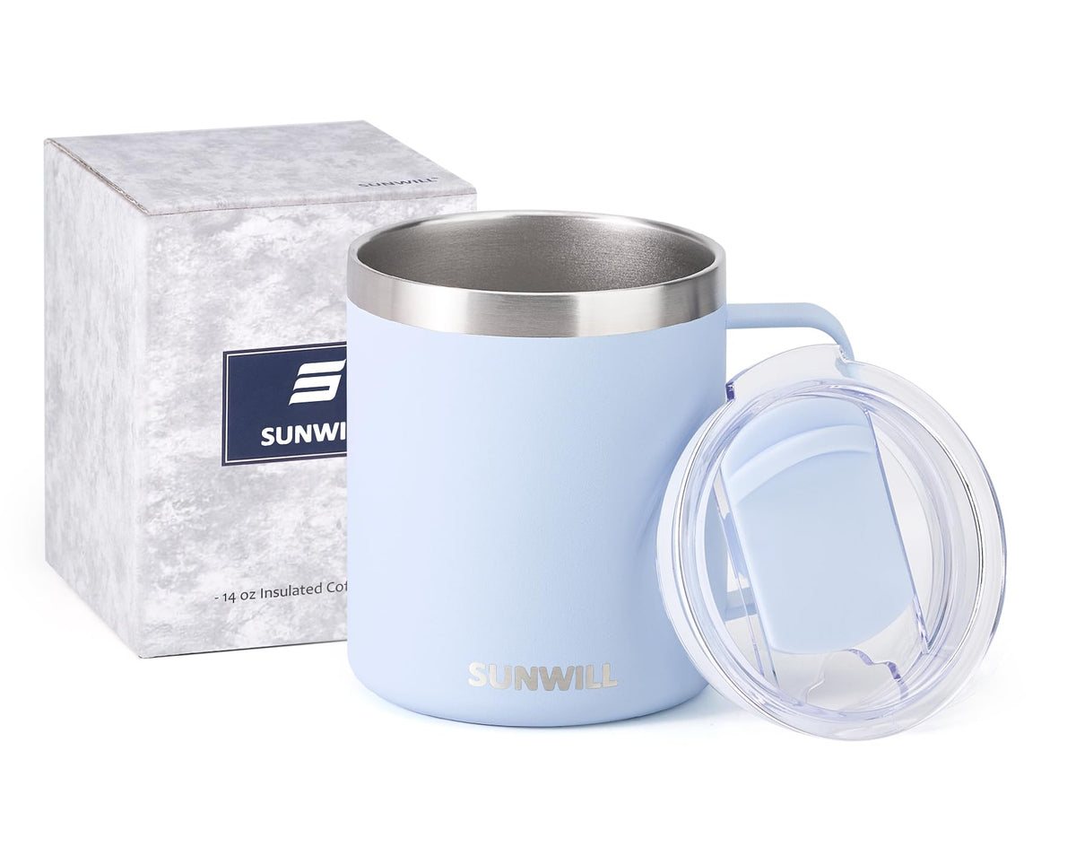 SUNWILL Insulated Coffee Mug, Stainless Steel 14 oz, Splash-Proof Lid Powder Coated Navy Blue 14 Ounces
