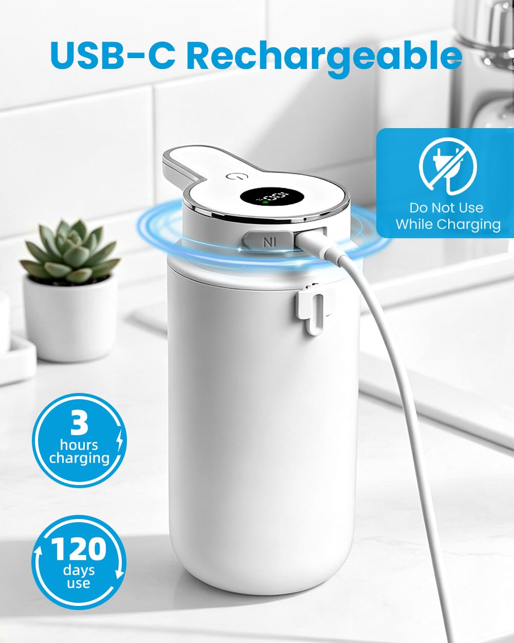 Touchless Automatic Liquid Soap Dispenser, Rechargeable White