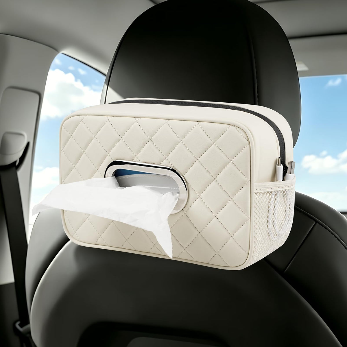 2PCS Multi-Functional Car Tissue Holder with ‌2 Tuck Nets, Tissue Box Cover 2pack Deep Black