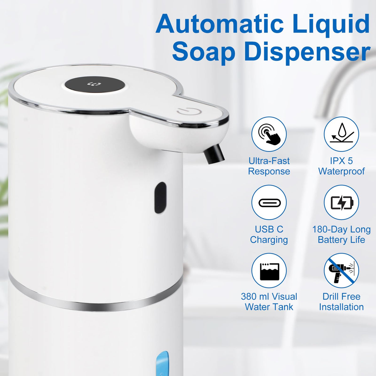 Automatic Soap Dispenser, Hand Soap Dispenser 12.8oz/380ml Smart Rechargeable, Liquid Touchless Soap Dispensers with 6-Level, Wall Mounted or Countertop Dish Soap Dispensing for Bathroom & Kitchen Black