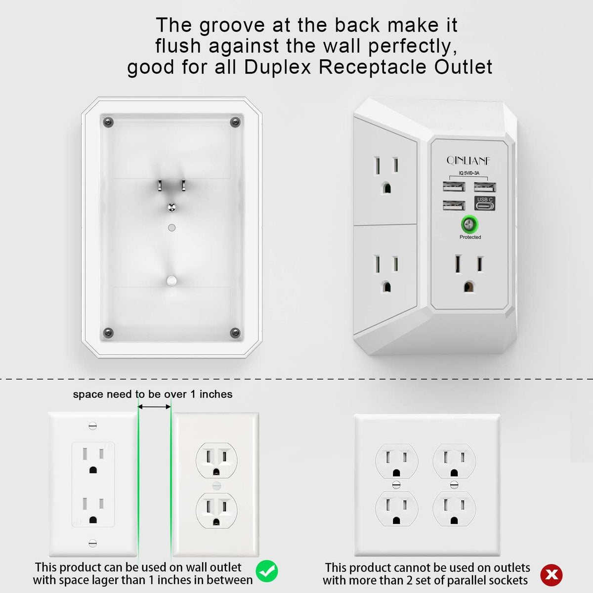 Wall Charger, Surge Protector, QINLIANF 5 Outlet Extender with 4 USB Ports Black 3U1C