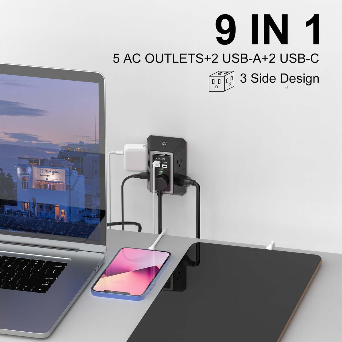 Wall Charger, Surge Protector, QINLIANF 5 Outlet Extender with 4 USB Ports Black 3U1C