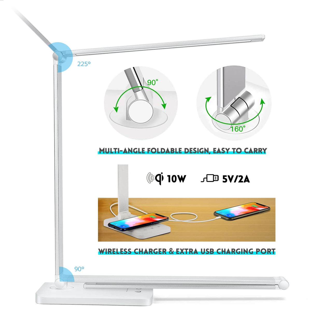 LED Desk Lamp with Wireless Charger, USB Charging Port, Eye Care Black PRO