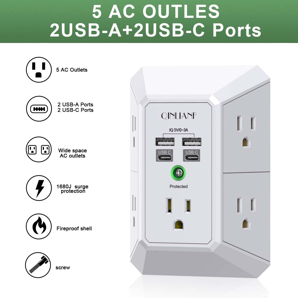 Wall Charger, Surge Protector, QINLIANF 5 Outlet Extender with 4 USB Ports Black 3U1C