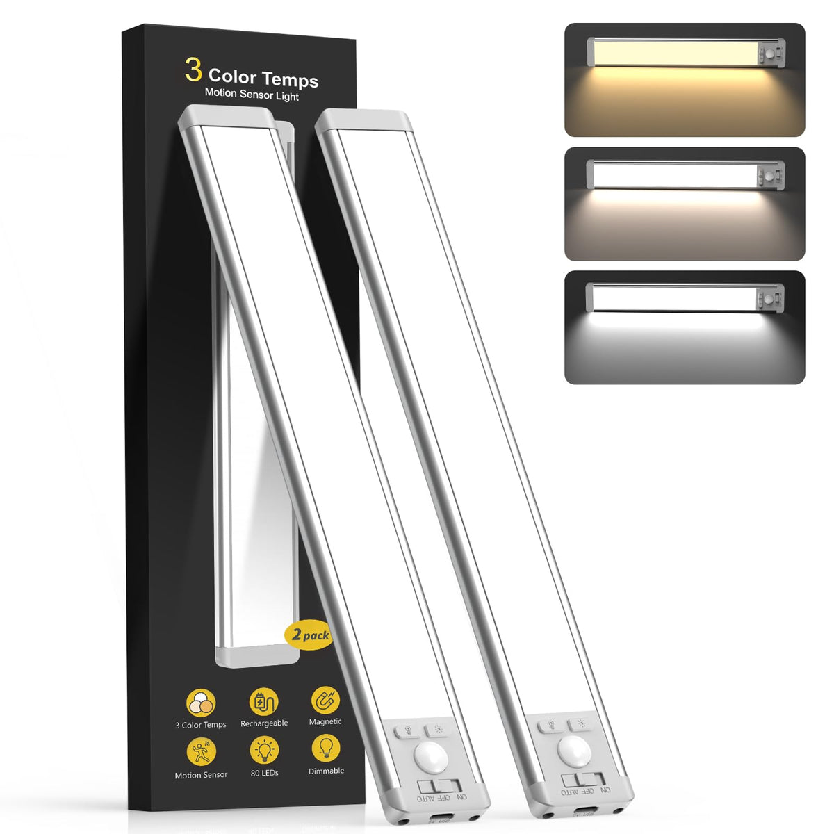 Under Cabinet Lighting, 14.7" Rechargeable Motion Sensor Light Indoor, 2 Pack Magnetic Dimmable Closet Lights, Wireless Under Counter Lights for Kitchen, Stairs,Hallway White Light 14.7inch