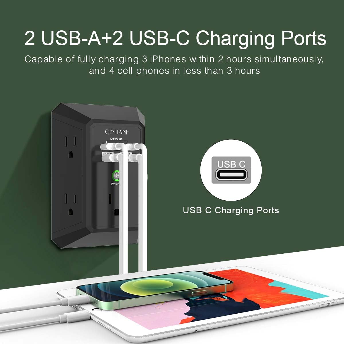 Wall Charger, Surge Protector, QINLIANF 5 Outlet Extender with 4 USB Ports Black 3U1C