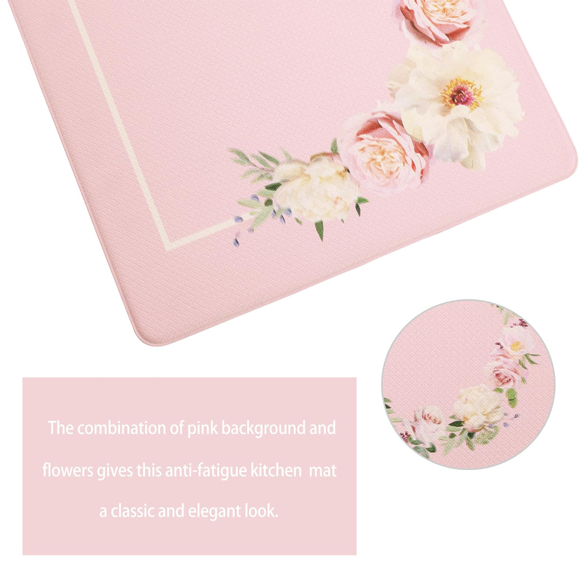 Floral Kitchen Mat Sets 2PCS Non Skid Waterproof Kitchen Rugs and Runner Sets Cushioned Anti-Fatigue Comfort Mat for Home,Office Memory Foam Kitchen Rug, 17.3"x30"+17.3"x47", Black/Pink 17"x30"+17"x47"--0.4 inches
