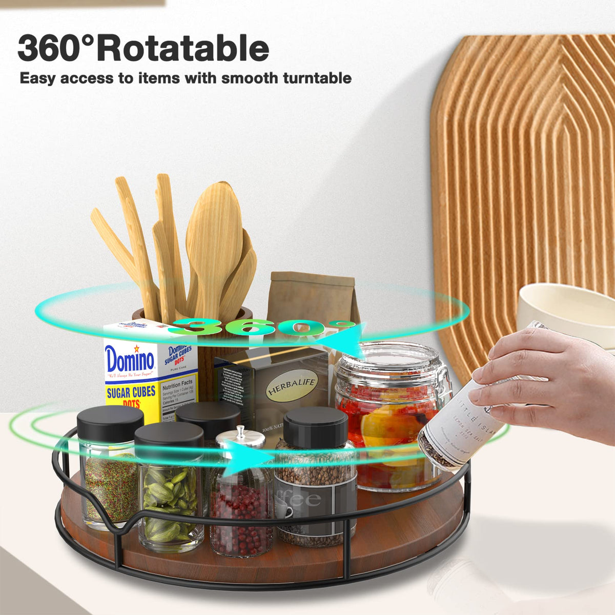 Lazy Susan Turntable Organizer for Cabinet Pantry Kitchen Countertop Refrigerator Cupboard, Pine Wood, 9", Carbonized Black 9''
