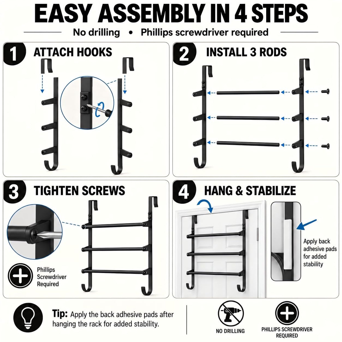 Over The Door Towel Rack, 3 Tier Metal Towel Bars with 2 Hooks for Bathroom,Add Extra Storage with 3 Fixed Towel Bars, 2 Bottom Hooks and Adhesive Pads—Perfect for bathrooms, bedrooms and RVs.