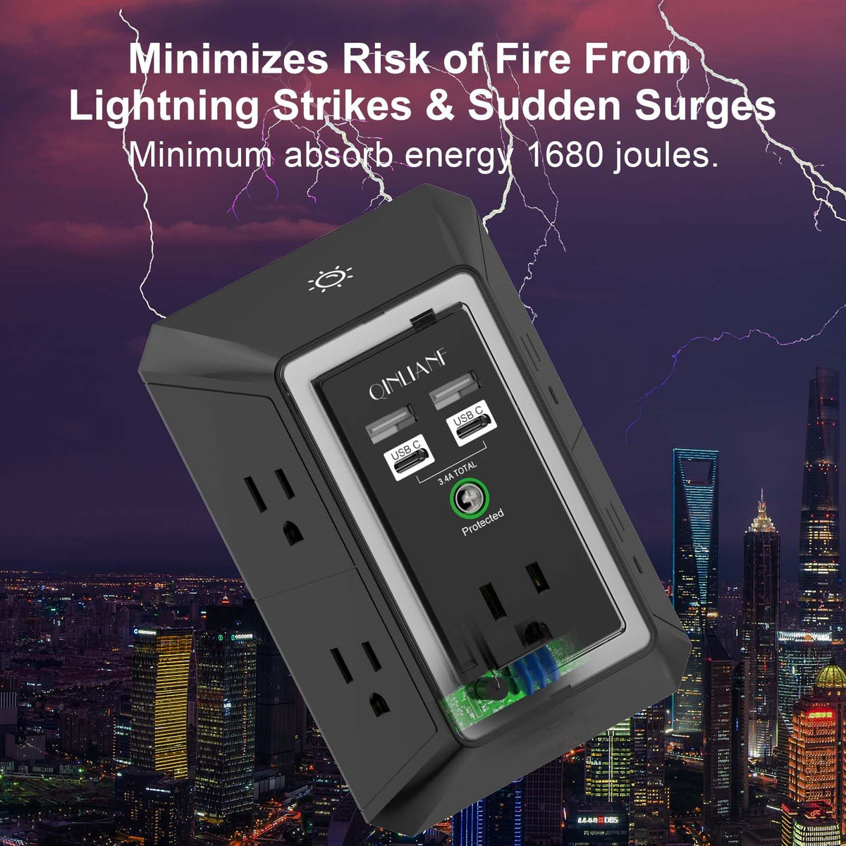Wall Charger, Surge Protector, QINLIANF 5 Outlet Extender with 4 USB Ports Black 3U1C