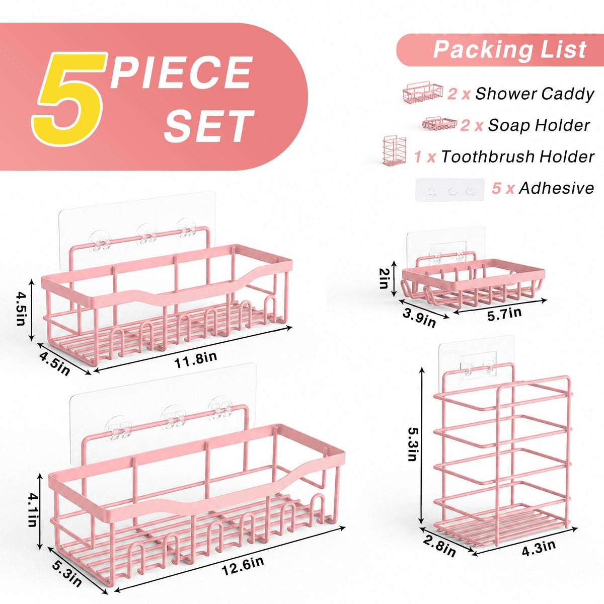 EUDELE Adhesive Shower Caddy, 5 Pack Rustproof Stainless Steel Bath Organizers With Large Capacity, No Drilling Shelves for Bathroom Storage & Home Decor Black