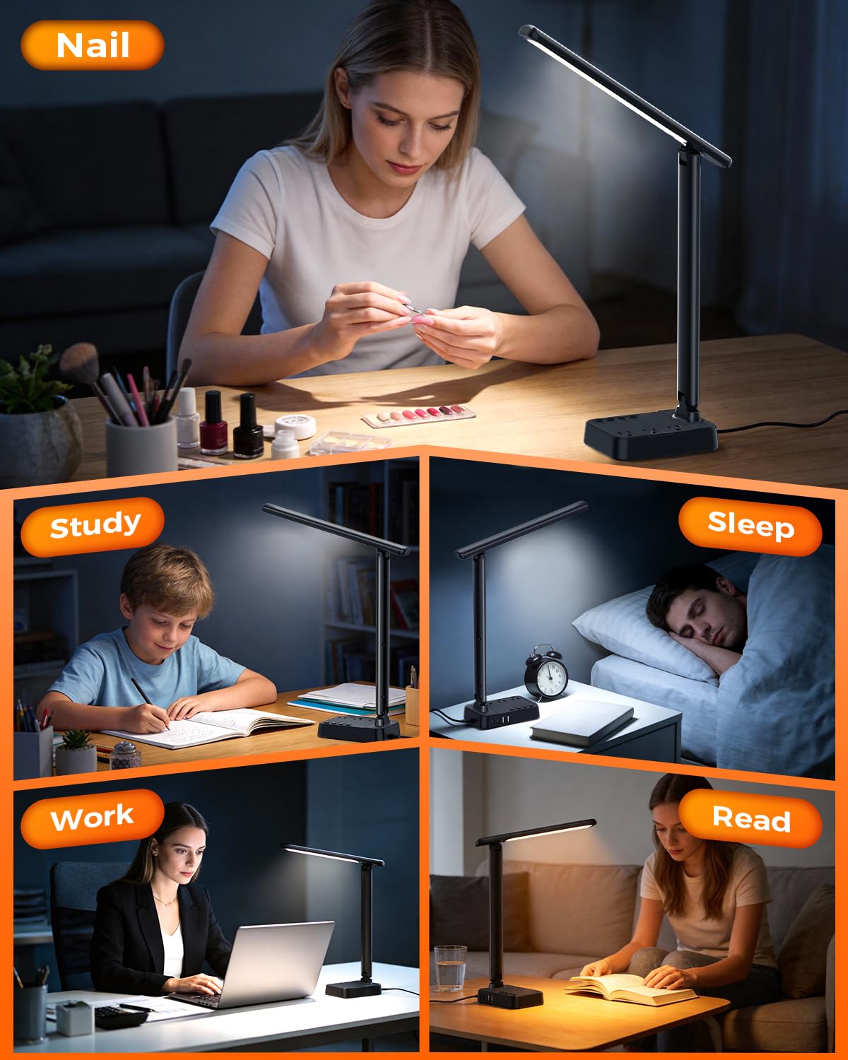 Airlonv LED Desk Lamp with Clamp, 17" Stepless Dimming Light, Black Standard