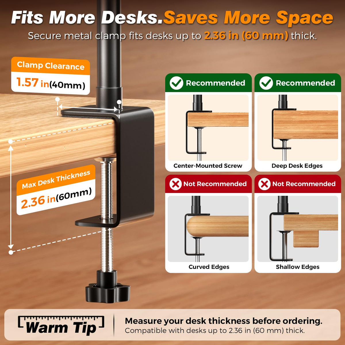 Airlonv LED Desk Lamp with Clamp, 17" Stepless Dimming Light, Black Standard