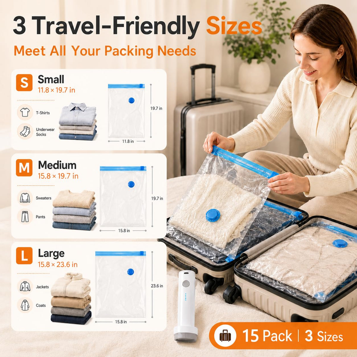 12 Pack Vacuum Bags for Travel with Rechargeable Pump, Save Luggage Space Clear 12 Combo