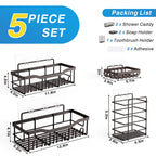 EUDELE Adhesive Shower Caddy, 5 Pack Rustproof Stainless Steel Bath Organizers With Large Capacity, No Drilling Shelves for Bathroom Storage & Home Decor Black